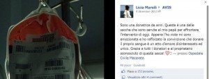 L'immagine mostra il post della figlia del ricevente di sangue che ha contattato AVIS